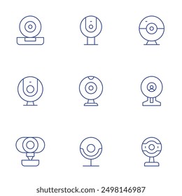 Conjunto de iconos de cámara web. Estilo de línea delgada, trazo editable. Filtrar de cámara web, grabación de cámara web, características de cámara web.