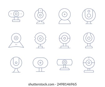 Webcam icons. Thin Line style, editable stroke. webcam driver, camera for PC, 1080p resolution, microphone, laptop.