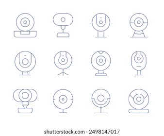 Webcam icons. Thin Line style, editable stroke. webcam software, camera stand, streaming, security camera.