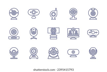 Juego de iconos de la línea de la cámara web. Trazo editable. Ilustración vectorial. Con cámara web, cámara web, cámara, videollamada.
