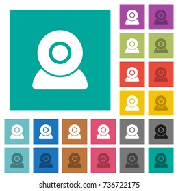 Webcam multi colored flat icons on plain square backgrounds. Included white and darker icon variations for hover or active effects.