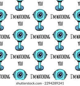 Webcam seamless vector pattern. Digital camera for streaming, broadcasting, communication. Flat cartoon illustration, blue device. I'm watching you. Background for wallpapers, wrapping paper, posters