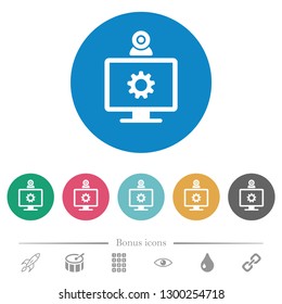 Webcam settings flat white icons on round color backgrounds. 6 bonus icons included.