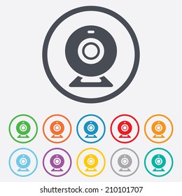 Webcam sign icon. Web video chat symbol. Camera chat. Round circle buttons with frame. Vector