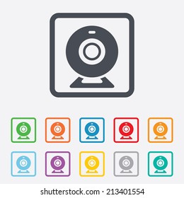 Webcam sign icon. Web video chat symbol. Camera chat. Round squares buttons with frame. Vector
