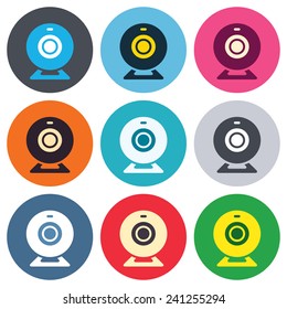 Webcam sign icon. Web video chat symbol. Camera chat. Colored round buttons. Flat design circle icons set. Vector
