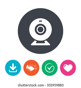 Webcam sign icon. Web video chat symbol. Camera chat. Download arrow, handshake, tick and heart. Flat circle buttons.