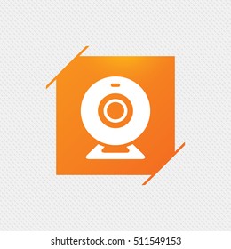 Webcam sign icon. Web video chat symbol. Camera chat. Orange square label on pattern. Vector