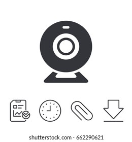 Webcam sign icon. Web video chat symbol. Camera chat. Report, Time and Download line signs. Paper Clip linear icon. Vector