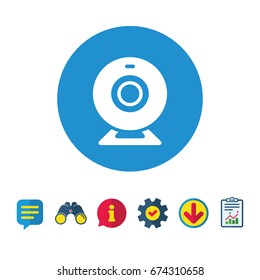Webcam sign icon. Web video chat symbol. Camera chat. Information, Report and Speech bubble signs. Binoculars, Service and Download icons. Vector