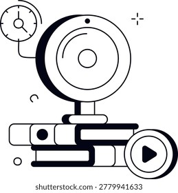 A webcam sits on top of a stack of books accompanied by a clock and play button icon. This represents modern e-learning tools and distance education platforms used for remote study.