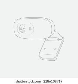 La cámara web permanece aislada sobre fondo blanco. Representación 3D de cámara web de seguridad para videochat en línea y conferencia con ilustración de vector de contorno.