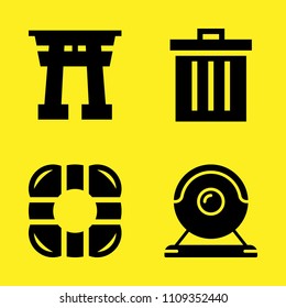 webcam, torii gate, trash and lifesaver vector icon set. Sample icons set for web and graphic design