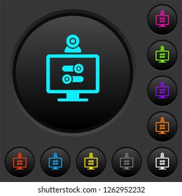 Webcam tweaking dark push buttons with vivid color icons on dark grey background