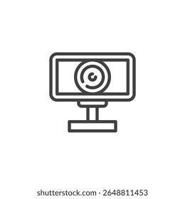 Webcam Video line icon. Outline icon vector of a desktop webcam. This icon symbol fits online classes, video calls, and digital education themes.