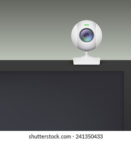 Webcam of white plastic standing on the monitor, vector illustration.