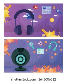 webcamera and earphones devices hardware vector illustration design