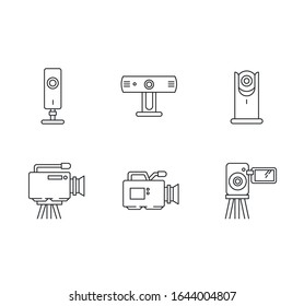 Webcams píxel perfecto juego de iconos lineales. Cámaras de video digitales. Conversación en línea, conferencia. Vigilancia. Símbolos de contorno de línea delgada personalizables. Ilustraciones aisladas del contorno vectorial. Trazo editable