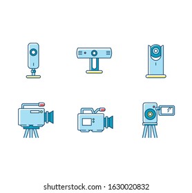 Webcams RGB color icons set. Digital video cameras. Online chatting, conference. Surveillance. Portable recording gadgets. Technology. Mobile devices. Isolated vector illustrations