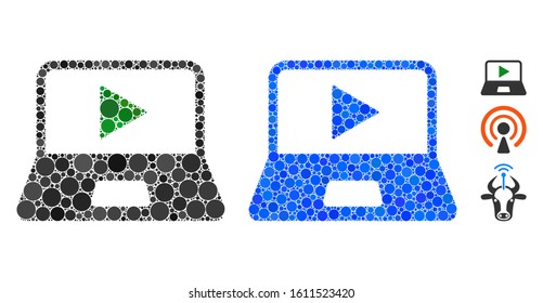 Webcast laptop composition of round dots in various sizes and color tints, based on webcast laptop icon. Vector round dots are combined into blue mosaic.