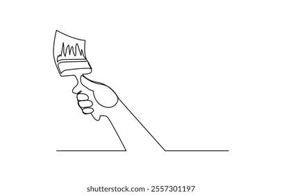 WebContinuous one line drawing of human hand holds paint brushes with paint can, floor painting, Continuous one line drawing hand holding paint brush, Paint roller in hand one line art.