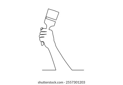 WebContinuous one line drawing of human hand holds paint brushes with paint can, floor painting, Continuous one line drawing hand holding paint brush, Paint roller in hand one line art.