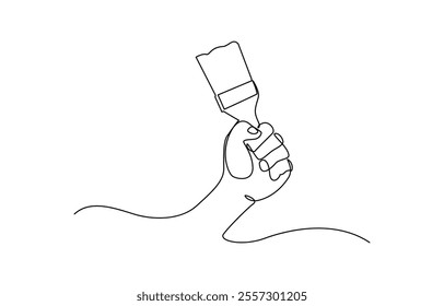 WebContinuous one line drawing of human hand holds paint brushes with paint can, floor painting, Continuous one line drawing hand holding paint brush, Paint roller in hand one line art.