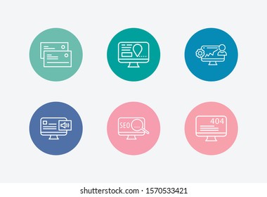 Webdesign icon set and audio content with website navigation, SEO and error page. Identification related webdesign icon vector for web UI logo design.