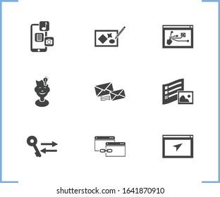 Webdesign icon set and interaction design with sort keywords, creative idea and website navigation. Touchscreen related webdesign icon vector for web UI logo design.