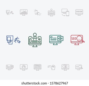 Webdesign icon set and responsive design with vector art, user experience and coding. Video chat related webdesign icon vector for web UI logo design.