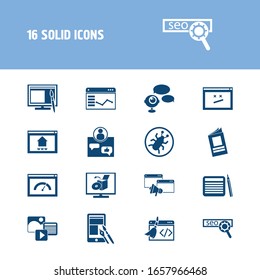 Webdesign icon set and visual communication with software, blog commenting and mixed content. Advertising related webdesign icon vector for web UI logo design.