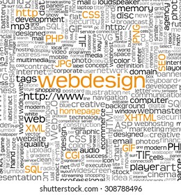 Webdesign Keyword Tag Cloud with Many Specific Web Design Words - Word Cloud - Vector Background - SEO, HTML, PHP, CSS, JPG, SQL