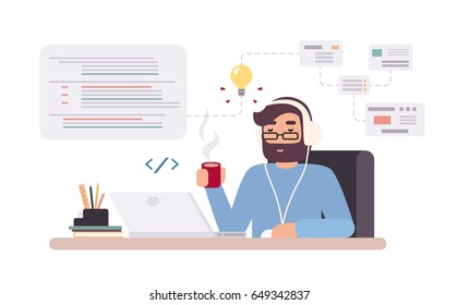 Web-developer works on laptop. Horizontal banner with young programmer on job. Colorful vector illustration in flat style.