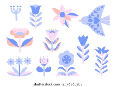 WebFolk Art Floral and Bird Illustration Set. A charming set of folk-inspired floral and bird illustrations featuring soft pink and blue tones, perfect for decorative and creative projects