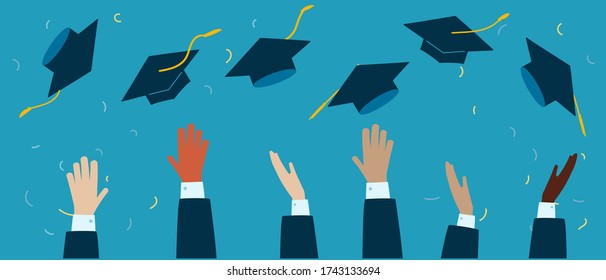 WebGraduation 2020 caps confetti. Flying students hats with golden ribbons isolated. University, college school education vector. Illustration in flat cartoon style