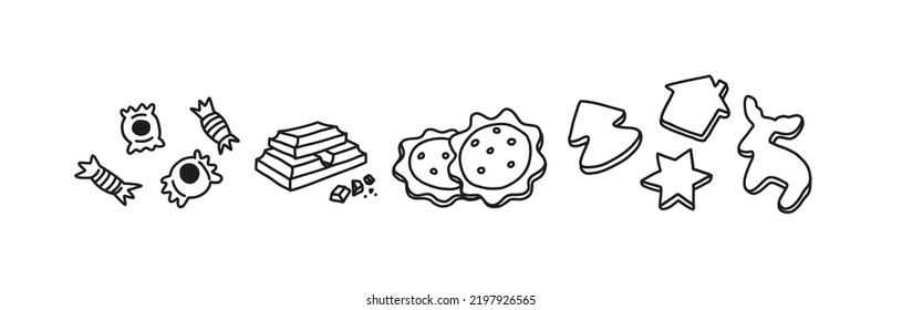 WebHand dibujó un conjunto de doodles de caramelos y galletas. Dibujo vectorial de diferentes tipos de galletas de pan de jengibre, lollipops en contorno. Colección de pasteles ricos aislados en un fondo blanco.