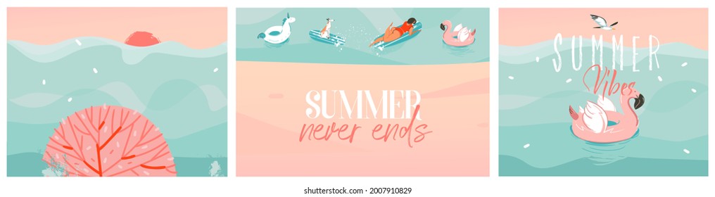 Dibujo por WebHand material abstracto gráfico de verano, ilustraciones contemporáneas minimalistas colección de impresiones conjunto con unicornio inflable de playa y flotas de flamingo aisladas en fondo blanco