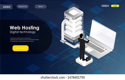 Webhosting concept. Businessman work on big laptop with big data storage using webhosing service. Can use for landing page, website, banners etc.