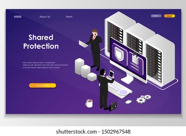Webhosting, online administration concept. Technician repair software. Shared protection concept. Store safe server concept. Flat isometric vector illustration.
