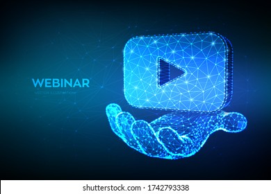 Webinar. Abstract Low Polygonal webinar or video icon in hand. Internet conference. Web based seminar. Distance Learning. E-learning Training business technology symbol. Vector illustration.