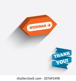 Webinar with arrow sign icon. Web study symbol. Website e-learning navigation. White icon on orange 3D piece of wall. Carved in stone with long flat shadow. Vector