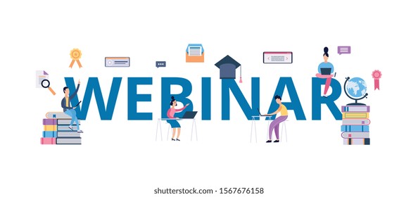 Webinar banner - cartoon people surrounding giant word and learning in online university course or video tutorial. Isolated flat vector illustration for internet conference.