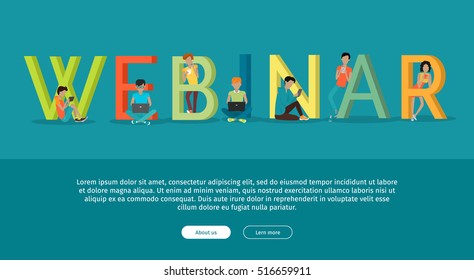 Cartel del seminario web. Jóvenes que usan dispositivos móviles como laptop, tablet, smartphone cerca de letras. Conexión a las redes sociales, contenido de internet, educación y formación en línea, educación a distancia