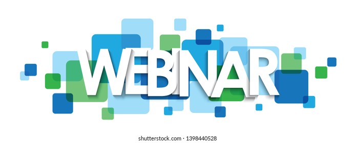 WEBINAR blue and green typography banner with overlapping squares