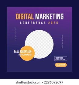 Webinar and business conference social media post template. Online webinar social media post template. Business conference banner template.