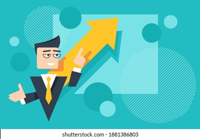 Webinar and business learning concept - abstract businessman explains financial data shown on the flipchart board - conceptual vector illustration
