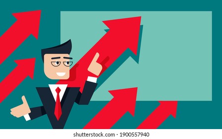 Webinar and business learning concept - abstract businessman explains financial data shown on the flipchart board with multiple arrows - conceptual vector illustration