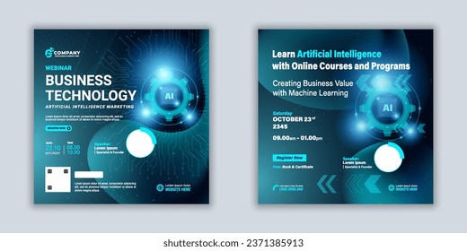 Webinar business marketing technology how to use artificial Intelligence (AI). Set of webinar business for social media post. Modern poster suitable for business webinars, marketing webinars