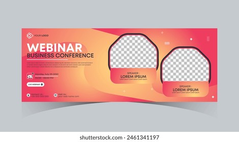 Webinar negocios curso en línea Anuncio de Web y redes sociales cubierta diseño de Plantilla. Azul marino oscuro, verde, color naranja con fondo de forma de línea de rayas para webinar de marketing, Anuncio de clase en línea