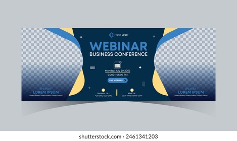 Webinar business online course web banner and social media cover template design. Dark navy blue, Green, Orange color with stripe line shape background for marketing webinar, online class banner